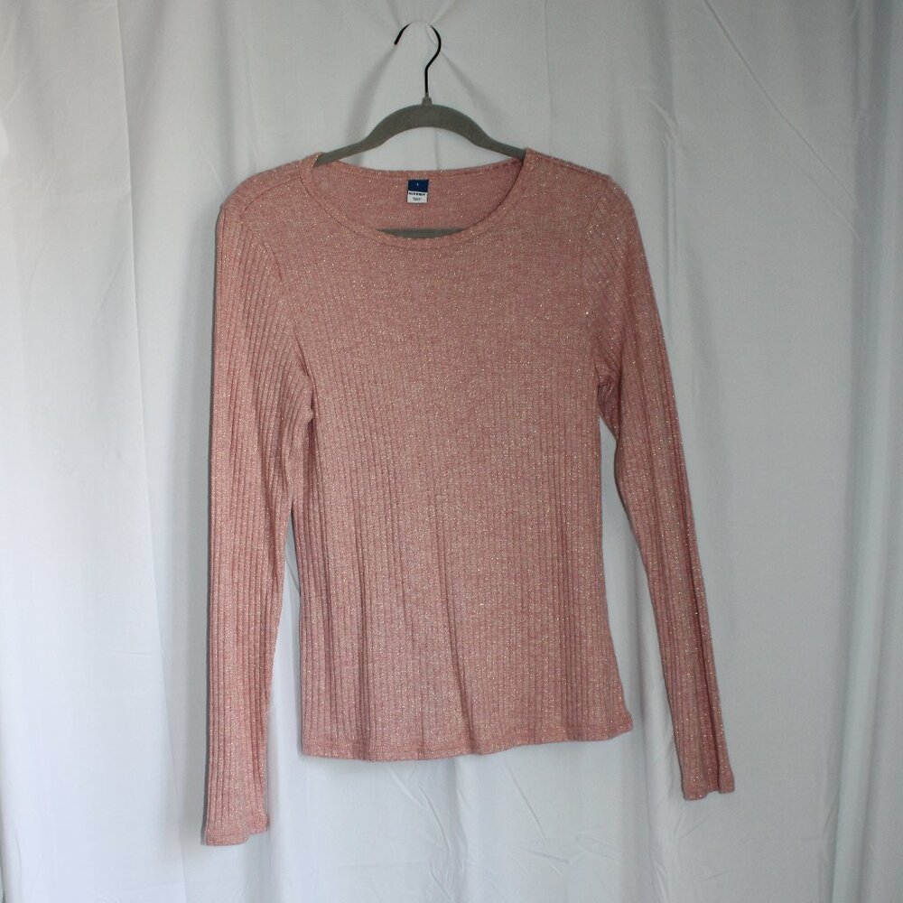 Old Navy Pink Long Sleeve Ribbed Top Gold Sparkles Crew Neck Large